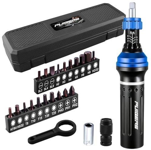 PUIBERS Set di 25 cacciaviti dinamometrici, attacco 1/4, 1-6 Nm | 20 punte scanalate, esagonali, Torx e Phillips, barra a leva, meccanismo a clic, certificato di calibrazione e custodia