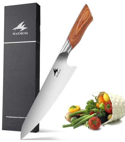 HAZMUSS Coltello da Chef 20,5 cm – Lama in Acciaio Alto Carbonio – Coltello Professionale per Tagliare, Cubettare e Tritare con Precisione – Manico Ergonomico per Comfort e Controllo
