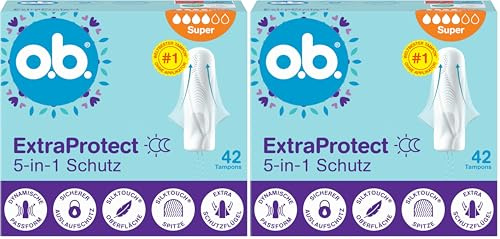 o.b. ExtraProtect 5-in-1 Schutz Tampons (1 x 42 Stk) Mit Extra Schutzflügeln Für Weltbesten Zuverlässigen Auslaufschutz Und Komfort (Packung mit 2)