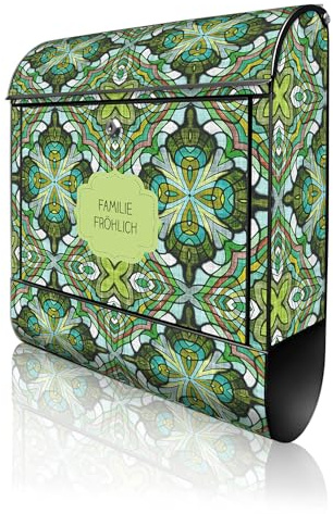 banjado Design Briefkasten personalisiert 38,5x46,5x13cm & 2 Schlüssel - Briefkasten Stahl Schwarz Zeitungsfach pulverbeschichtet - Postkasten A4 Einwurf inkl. Montagematerial - Motiv Grünes Muster