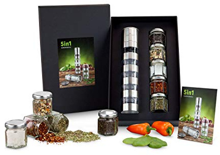 Römer Präsente Presentset: 5 i 1 – kryddkvarn-set; manuell kvarn i rostfritt stål med keramikmålning, 5 kryddfack; inkl. 5 olika kryddor – i presentförpackning