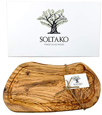 SOLTAKO Tabla de Cortar Cocina madera de olivo, tablas de queso, bandeja de aperitivo de oliva tunecina, tabla de pan de madera, tabla para cortar (Longitud aprox. 35-38 cm)