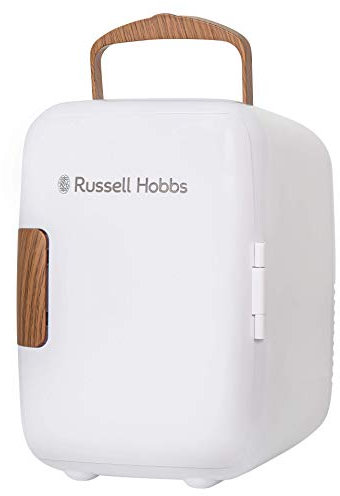 Russell Hobbs RH4CLR1001SCW 4L/6 Can Mini Portable Cooler & Warmer for Drinks, Cosmetics/Makeup/Skincare, AC/DC Power, Scandi Style, White & Wood Effect, For Bedroom, Home, Caravan, Car