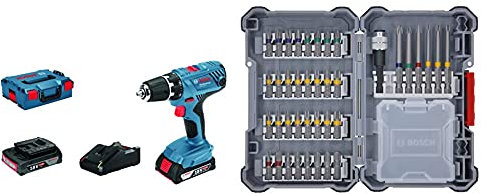 Bosch Professional 18V System Akku-Bohrschrauber GSR 18V-21 (max. Drehmoment: 55 Nm, inkl. 2x2,0 Ah Akku, Ladegerät GAL 18 V-20, in L-BOXX) & 40-tlgs. Bohrer Bit Set
