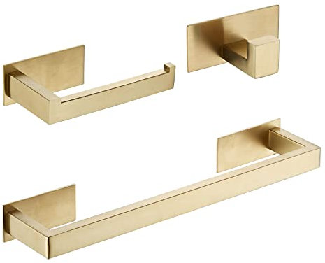 Set di accessori per il bagno, 3 pezzi, set di accessori per il bagno, set di accessori per il bagno in oro spazzolato, include barra per asciugamani, porta carta igienica e gancio per accappatoi
