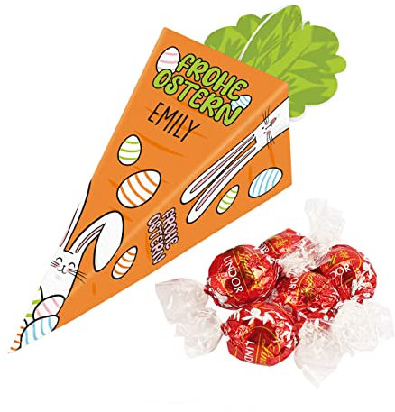 Herz & Heim® Lindor Kugeln in personalisierter Verpackung in Möhrenform - mit Ostermotiv und Wunschname bedruckt