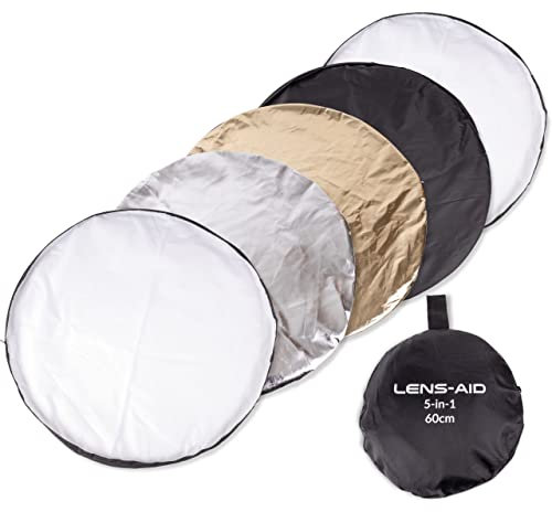Lens-Aid 60cm Faltreflektor 5-in-1: Faltbarer Fotografie Lichtreflektor in Silber, Gold, Weiß, Schwarz, Diffusor für Fotografie im Fotostudio und Outdoor mit Tasche