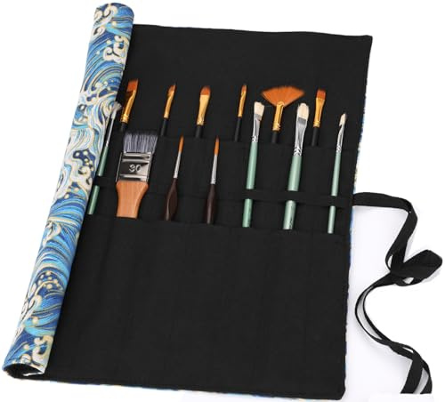 Amoyie Sets de Pinceaux de Peinture, 12 Pinceaux Peinture Nylon avec Trousse en tissu pour Acrylique, Aquarelle, Gouache et Huile, bleu noir