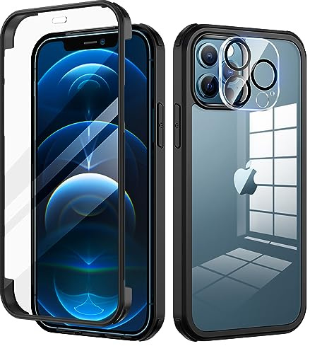 seacosmo Kompatibel für iPhone 12 Pro Max Hülle mit eingebautem Panzerglas Displayschutz und Kamera Schutzfolie [9H HD], 360 Grad Case Ganzkörper Stoßfeste Handyhülle iPhone 12 Pro Max - Schwarz