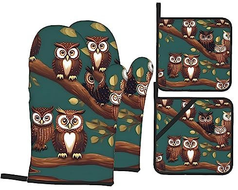 Lot de 4 gants de four et maniques avec motif hibou magique - Anti-brûlure chaude pour la cuisine, la cuisson, le barbecue