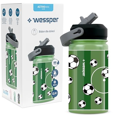 Wessper Trinkflasche Kinder, Edelstahl Flasche 410 ml BPA FREE, Mundstück mit Schlauch, Wasserflasche Leicht und Einfach zu Bedienen, für Schule, Fahrrad, Ausflug - Fußball Motiv