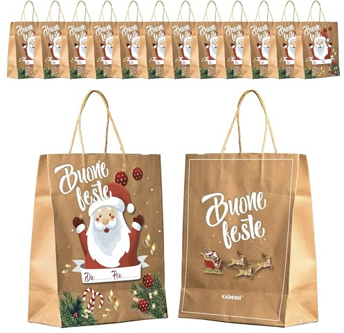 Sacchetti Regalo Natale Grandi in Carta Kraft - 12 Buste per Regali Natalizie con Manici - Borse Doni Natalizi Originali - Sacchetto di Natale Originale