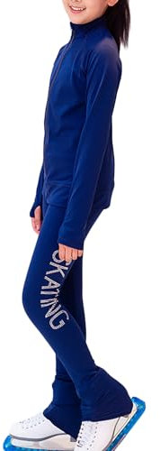 Youthful flying Eiskunstlauf Hose und Jacke Set mit Strass Mädchen Damen Eiskunstlauf Anzüge Leggings Trainingskleidung(Size:S,Color:Marineblau)