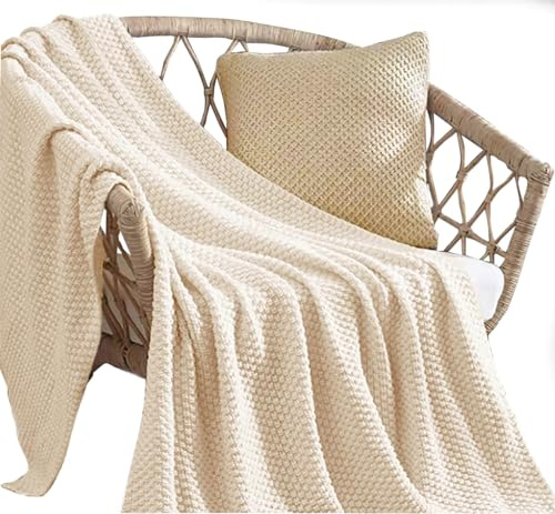 HaraDeco Mantas para Cama Sofá 100% Algodón Tacto Suave, Manta Decorativa para Pie de Cama, Plaid Cubrecama de Punto Fabricado Nacional(Crudo, 220x330cm)