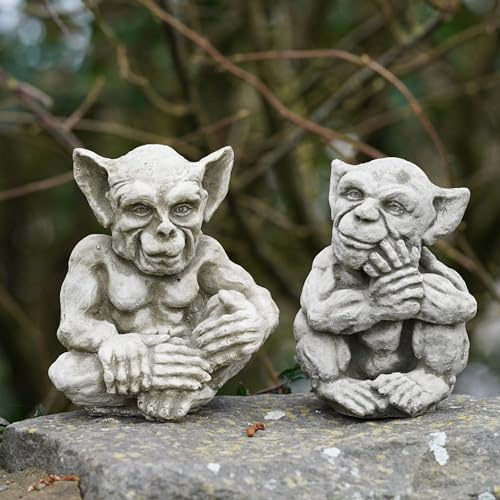 Burgess Home & Garden Paire de statues Sprite Gremlin en pierre | Gargouille Décoration de jardin d'extérieur, 1F-277