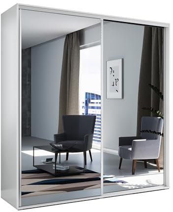 BM-Möbel Großer Schlafzimmerschrank mit Zwei Schiebetüren, Spiegel, Kleiderstange und Regalen - Schwebetürenschrank für Garderobe, Schlafzimmer - Weiß - 230 x 62 x 245 cm (B/T/H)