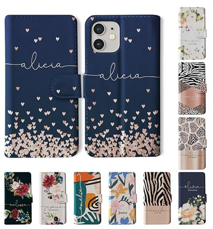 Tirita Personalised Wallet Phone Case for iPhone 15 With Card Holder – Leather Flip Case or Cover With Custom Name – Cute Personalised Gift for Women [06. Rose Gold Hearts]