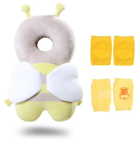 VBNZBK Baby Kopfschutz, Atmungsaktive Verstellbares Baby Kopfschutzpolster mit Knieschoner Baby Krabbeln Geeignet für Kinder Von 4 Bis 24 Monaten, die Krabbeln und Laufen Lernen (Biene, Hellgelb)