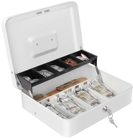 Cash Box with Money Tray and Key Lock, Large Metal Safe Money Box for Cash, Locking Money Saving Organizer, Lock Box for Money Storage 11.8x9.45x3.54 White XL Large