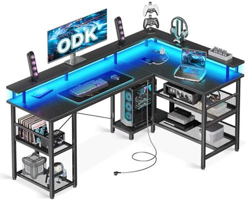 ODK Gamingbord med LED, Reversibelt Gamingbord med 2 Kontaktuttag & 2 USB-portar, Stort Hörnskrivbord med Näthylla (Svart, 150x102)