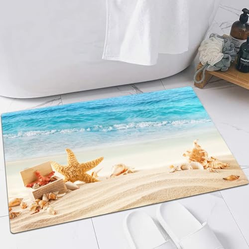 EMFSLA rutschfest Badezimmer Badeteppiche,Weich Hochflor Saugfähig Badvorleger Waschbar Flauschige Mikrofaser Badematte,Muscheln-Set, Sommerstrand-Thema und Sand mit Seestern-Muschelstrahlen,40x60 cm