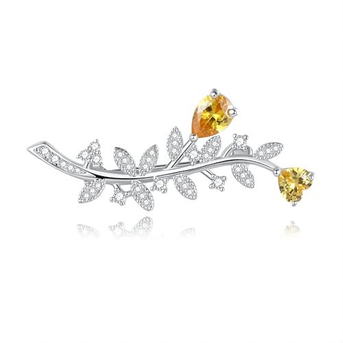 925 Sterling Silber Blatt Zirkonia Brosche Damen Sterling Silber Blatt Anti-Walking Revers Pin Anzug Kleid Corsage, Sterling-Silber, Zirkonia