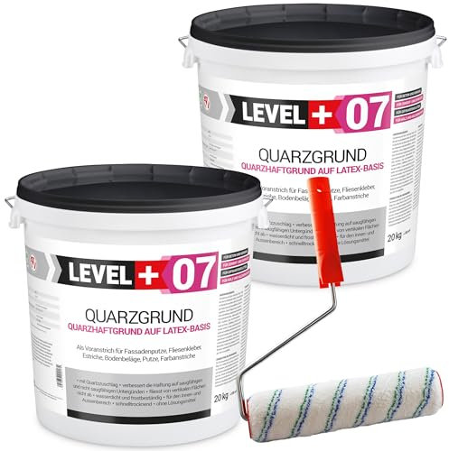 Level+ 07 Quarzgrund 40 kg Putzgrund Haftbrücke Grundierung für Beton Putz Primer weiß + Farbroller 25cm mit Bügel Set