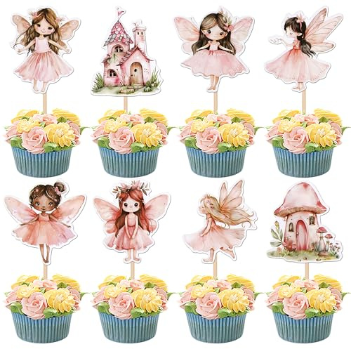 Xsstarmi 40 Pack Fairy Cupcake Toppers Flower Wing Angel Fairy Cupcake Picks Ballet Dancer Fairies Party Cupcake Decoration for Wonderland Garden Elves Theme Girls Birthday Party Cake Decorations