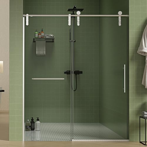 56-60 W x 70 H Frameless Shower Doors, Sliding Glass Door with 5/16 (8mm) Clear SGCC Tempered Glass, Bathroom Door w/Towel Bar, Soft Close & Anti-Jumping System, Stainless Steel, Brushed Nickel