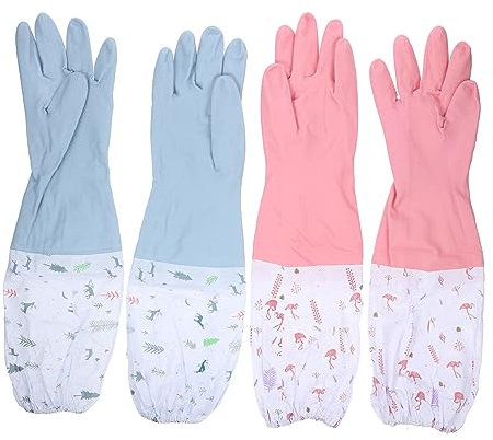 IWOWHERO 2 Pair Waterproof Kitchen Rubber Gloves Thick Plush Lining Long Dishwashing and Cleaning Gloves Anti-skid for Home and Household Use Size m Random Macaron Colors