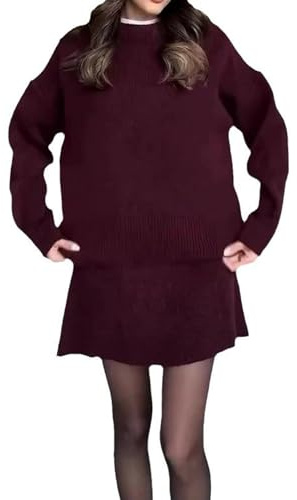 CupitiDU Autunno Nuovo Tinta Unita Casual College Style Knit Dress Set, 2024 Manica Lunga Crop Top Maglia Mini Gonne Vestiti, Maglione 2 Pezzi, Casual Maglia Sciolta Mini Gonna Lounge, Rosso