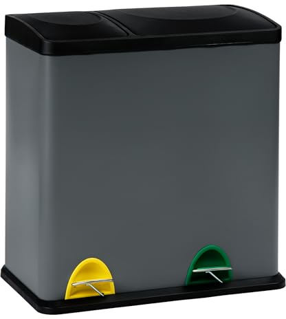 EVRE Recycling Bin, Rectangular 2 Compartment Section 36L Waste Seperation Sortation System with Non Slip Base, Odour Seal, Removable Inner Compartments and Colour Coded (Grey)
