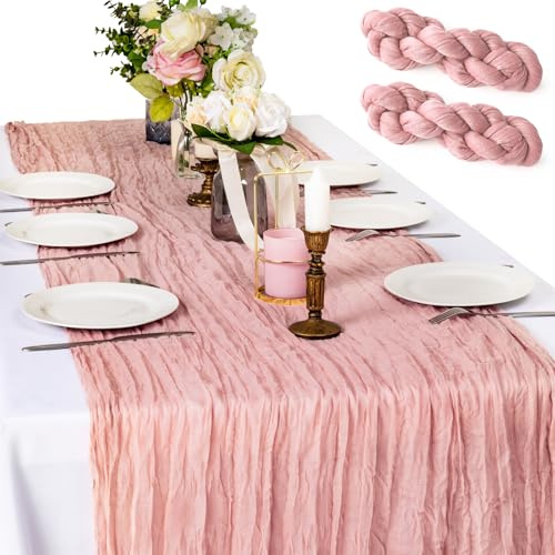 XSEINO Lot de 2 chemins de table en étamine, 3 m en gaze de style bohème rustique et transparent pour mariage, anniversaire, fête prénatale, fête prénatale, décoration de table bohème - Rose poudré