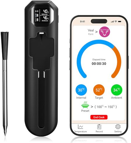 Charmofun Termometro Cocina, Termómetro Digital Inteligente con Aplicación, Meat Thermometer Bluetooth IP67 Prueba de Agua, Termómetro Horno para barbacoa Grill Cocin