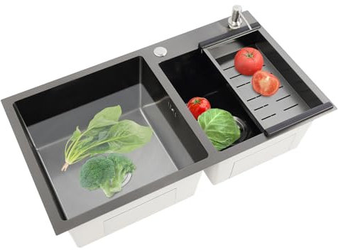 Lavello da cucina indipendente, 2 vasche in acciaio inox, 78 x 43 x 22 cm, in acciaio inox, con dispenser di sapone, per cucina e ristoranti