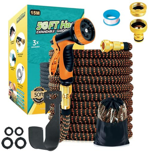 Funnity Gartenschlauch Flexibel 15M, Garten Wasserschlauch mit 10 Funktionen, Strapazierfähiger 3 Lagiger Latex Wasserschlauch 3/4 Zoll und 1/2 Zoll Metallanschlüsse,Orange Flexibler Gartenschlauch