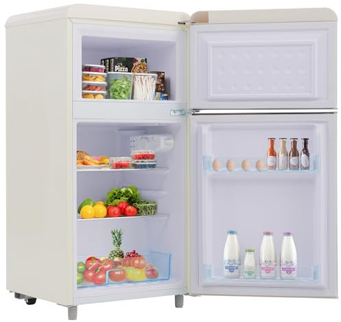 Merax Retro Kühlschrank, Doppeltür, 72L Gesamtvolumen, 21L Gefrierfach, Energieklasse E, 120 kWh/Jahr, LED-Beleuchtung, 3 verstellbare Einlegeböden Weiß