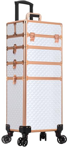 AROUS Rolling Makeup Train Case 4 in 1 Cosmetology Case on Wheels Large Storage Cosmetic Trolley with Key Salon Barber Case Traveling Cart Trunk,White