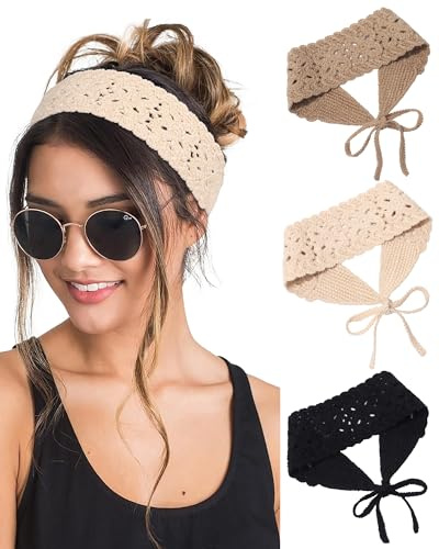 3Pcs Boho Headbands for Women Crochet Knit Hair Bandana Hippie Hair Band | Boho Hair Scarf,Cotton Knitted Material，Headband for Beach Vacations, Music Festivals, Everyday Life(Black+Beige+Coffee)