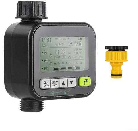 HOHOVYVY Temporizador de jardín inteligente con sensor de lluvia y pantalla LCD para riego automático (negro)