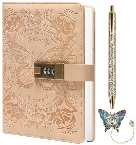 TIEFOSSI Diary with Lock for Women Girls, Lined Locked Journal, Butterfly Journal Notebook with Pen and Bookmark, A5 Refillable Locking Journals for Writing