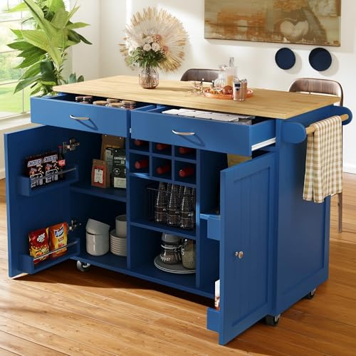 Cayipng 102×45×92cm Isla de cocina, mesa de comedor, carro de cocina con 2 cajones, estante abierto, carro giratorio con espacio de almacenamiento, azul