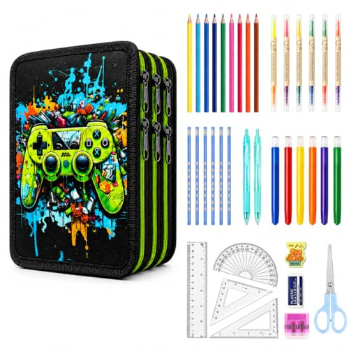 Mowtential 41-teiliges Federmäppchen Set Jungen, 3-Fach Federmappe mit Gaming-Motiv, Doppelreißverschluss, Schulbedarf mit Buntstiften, Bleistiften, Textmarkern, Linealset, Geschenk zur Einschulung