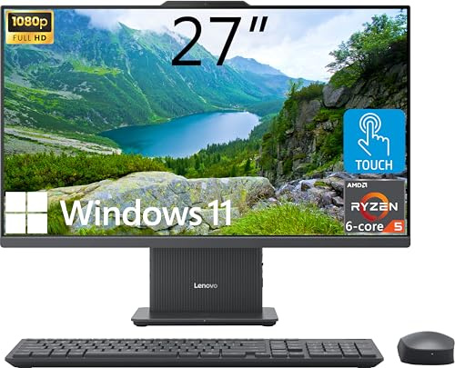 Lenovo IdeaCentre - Computadora de escritorio todo en uno, pantalla táctil FHD de 27 pulgadas, AMD Ryzen 5 8645HS de 6 núcleos, DDR5 de 16 GB, SSD de 512 GB, Wi-Fi 6, entrada y salida HDMI, base de