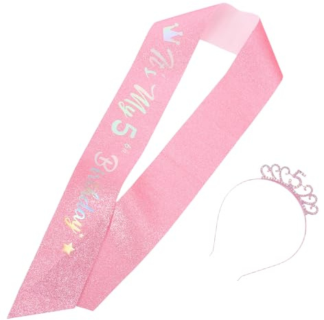 Diadema de Cumpleaños para Niña de 5 Años, Rosa, 1 Set | Tiara Brillante y Banda a Juego, Metal y Poliéster, para Celebraciones y Encuentros Festivos