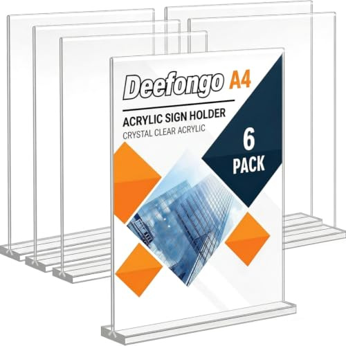 Deefongo Tischaufsteller A4, 6 Stück Preisschilder Aufsteller Tischständer Doppelseitiger Vertikaler Acryl T-Ständer für Fotorahmen, Heim, Büro, Speisekarte, Messe