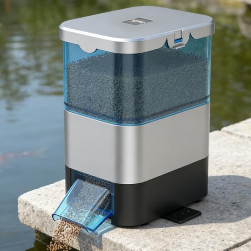 Pawfly Automatischer Fischfutterautomat für Teiche, 2,8 L großes Fassungsvermögen, Teichfutterautomat mit Timer, einstellbarer Futterspender, feuchtigkeitsgeschützt für Koi im Außenbereich, batteriebe