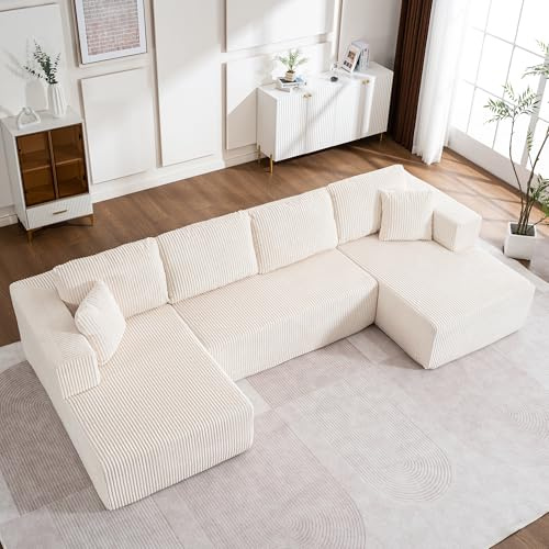 Bladez Sofá esquinero modular grande de 303 cm con forma de U con función de dormir, de pana de 3 plazas con asiento extraprofundo, sofá cama moderno sin montaje, con 6 cojines sin montaje, para salón