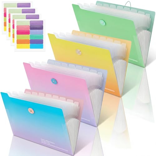 4 Stück Fächermappe A4 mit 12 Fächern: Dokumentenmappe A4 im robuste Ordnungsmappe für Büro & Schule, wasserfest & reißfest, Sammelmappe als Document Organizer (Rosa, Blau, Gelb, Grün)