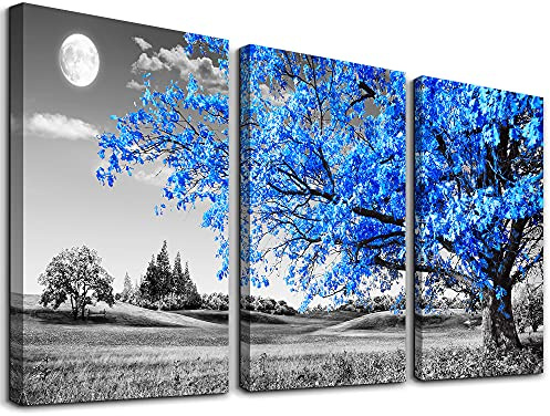 Wall Art For Living Room black and white Blue tree moon Canvas Wall Decor for Home artwork Painting 12 x 16 3 Pieces Canvas Print For bedroom Decor Modern Salon kitchen office Hang a picture
